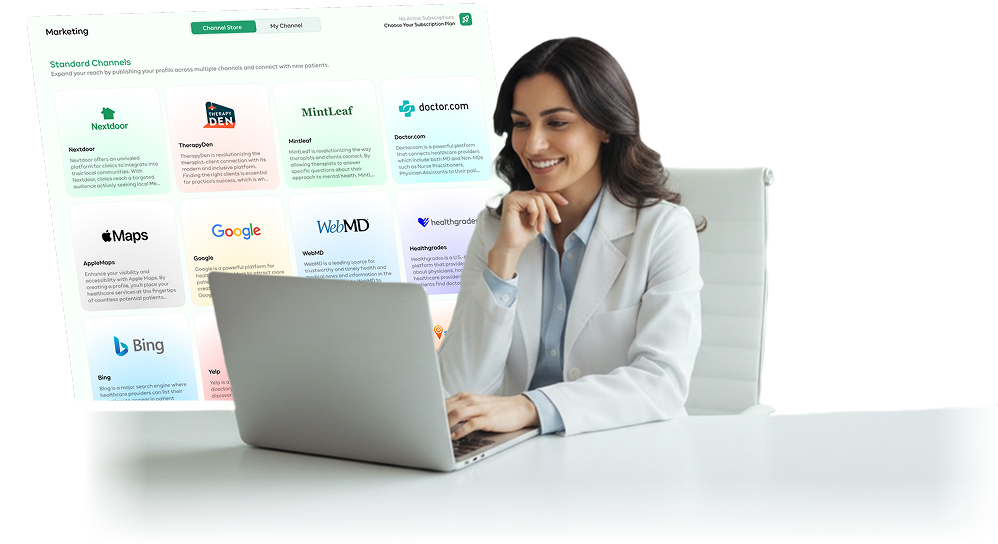 Doctor in front of a background of medical directory logos